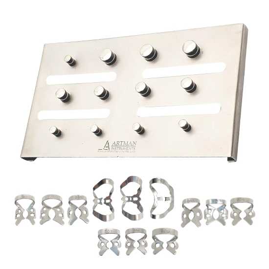 Rubber Dam Clamps with Organizer Rack Silver Chrome Set of 12