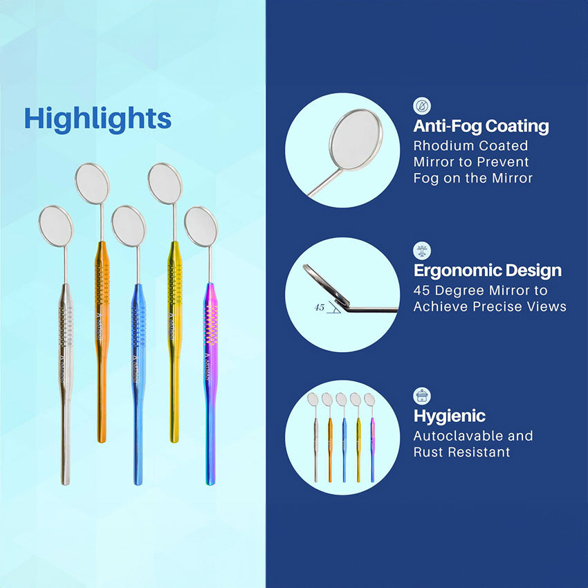 Set of 5 Dental Mirrors - Multicolor Tools for Teeth Cleaning