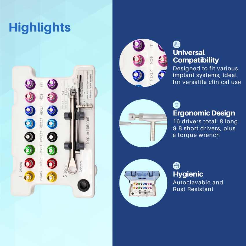 Artman Instruments Dental Implant Abutment Screw Driver Kit 16 Hex Dri