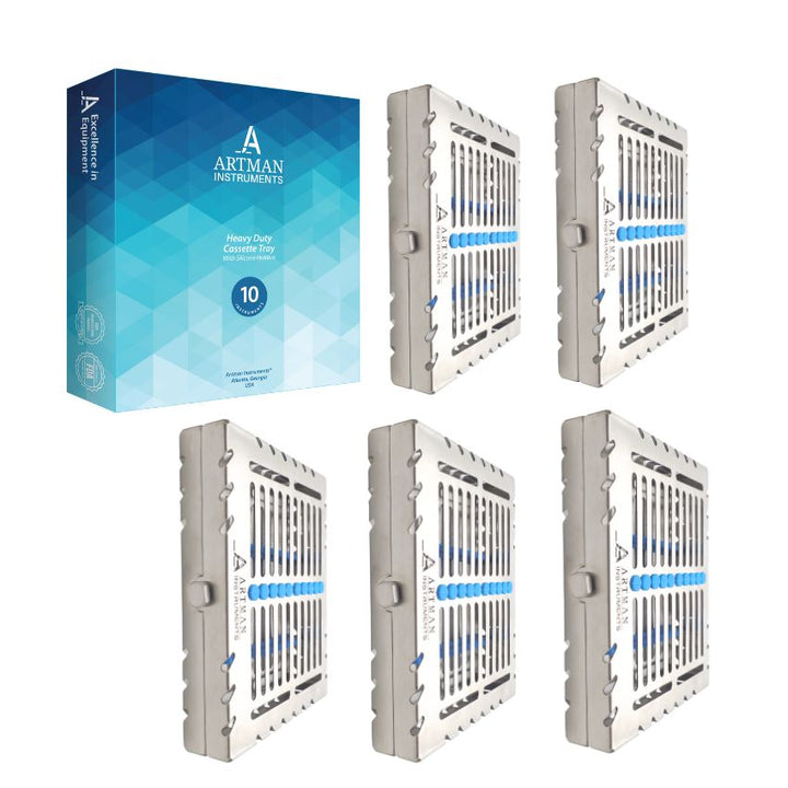 A 5-pack of Artman Instruments dental sterilization cassettes shown with their branded packaging.