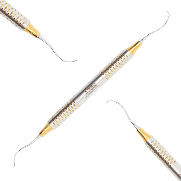 Composite product shot of the Artman 5/6 double-ended dental explorer against a white background. The full instrument with its textured silver and gold handle is shown diagonally, with close-ups of each working end positioned in the corners.