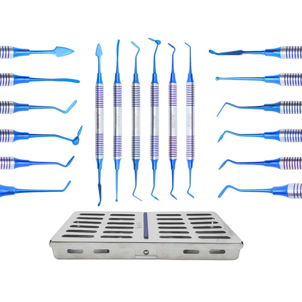 Dental Composite Non Stick Filling Instruments Kit in Stainless Steel Cassette (6 PCS Blue Plasma Coated) ARTMAN