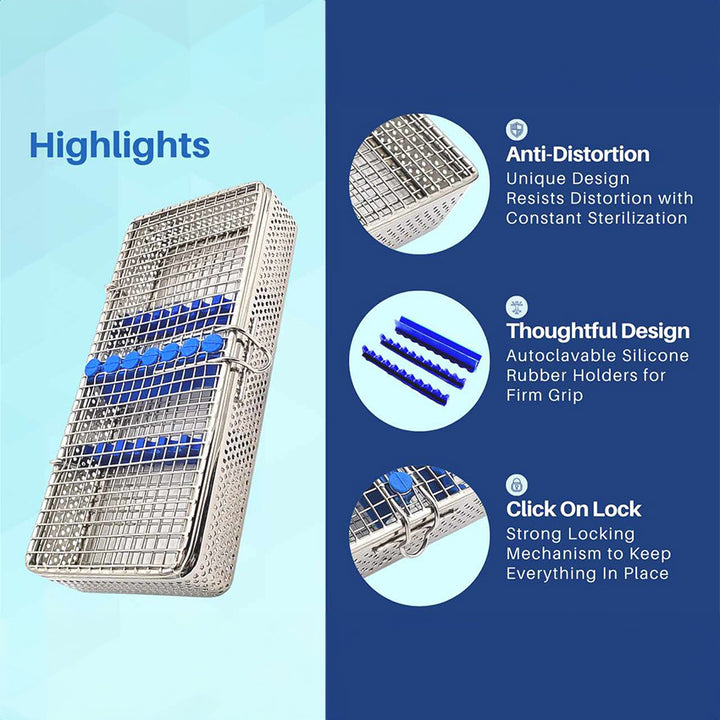 German Dental Autoclave Sterilization Cassette Rack - Holds 7 Instruments, Blue (Cynamed PR-010)