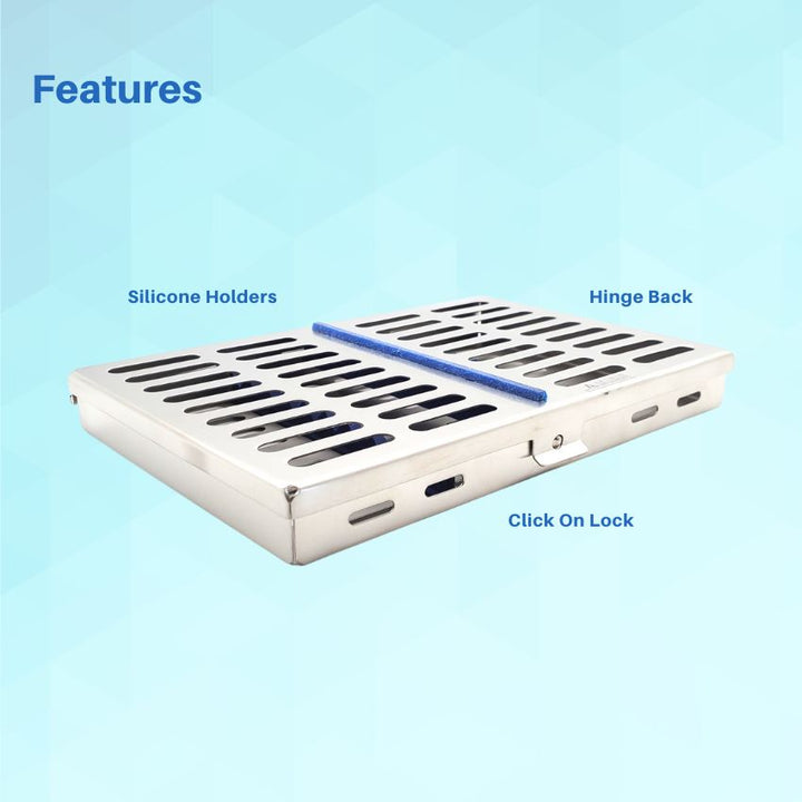 An open Artman 10-instrument cassette highlighting its organizational features like the silicone racks and secure lock.