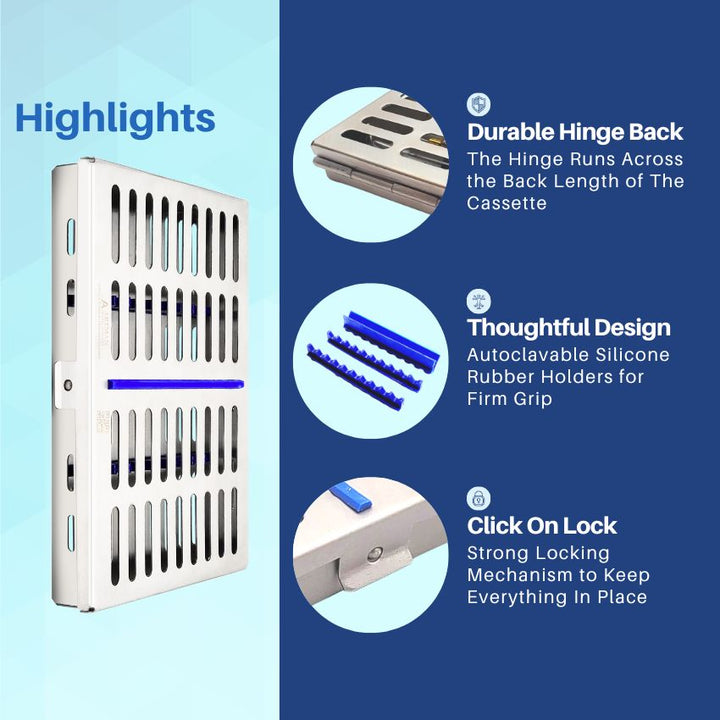 An infographic highlighting the key features of the Artman 10-instrument sterilization cassette for dental tools.