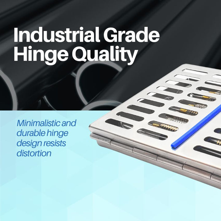 A detailed view of the industrial-grade hinge on an Artman 10-instrument sterilization cassette, emphasizing its quality and durability.
