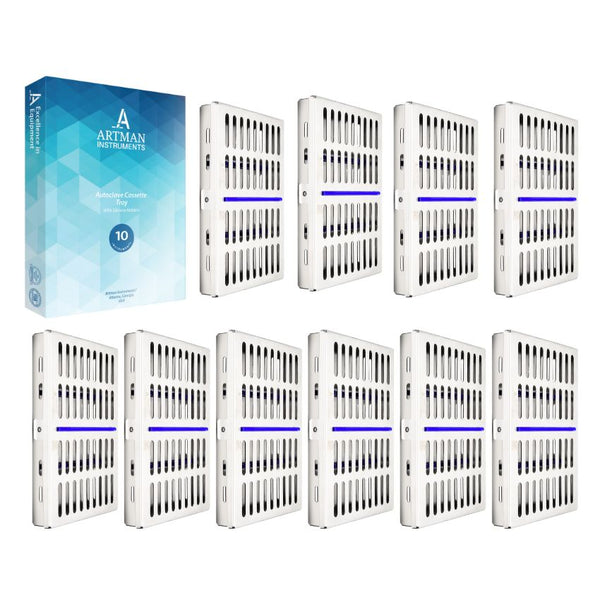 A collection of Artman 10-instrument sterilization cassettes shown with the official product packaging for dental clinics.