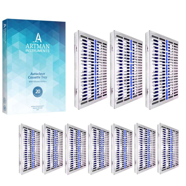A collection of Artman 20-instrument sterilization cassettes shown with the official product packaging.