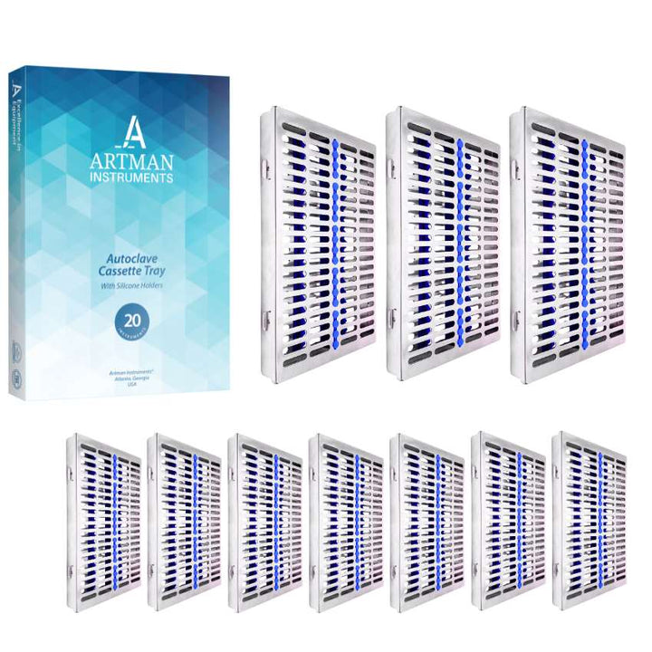 A collection of Artman 20-instrument sterilization cassettes shown with the official product packaging.