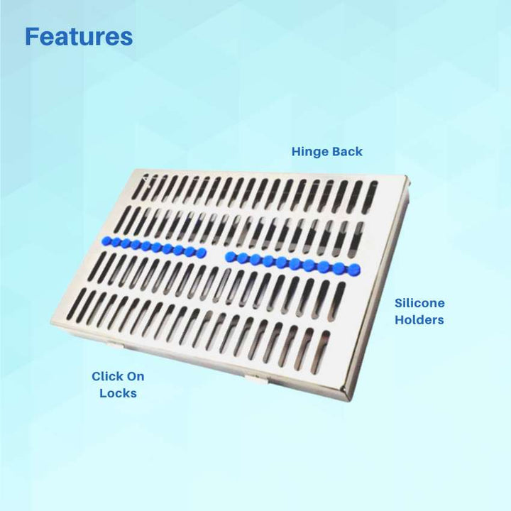 An open Artman 20-instrument sterilization cassette highlighting its organizational features and secure silicone instrument holders.