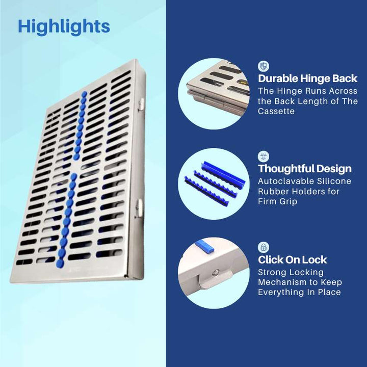 Infographic highlighting the key features of the Artman 20-instrument sterilization cassette, including its secure racks and durable hinge.