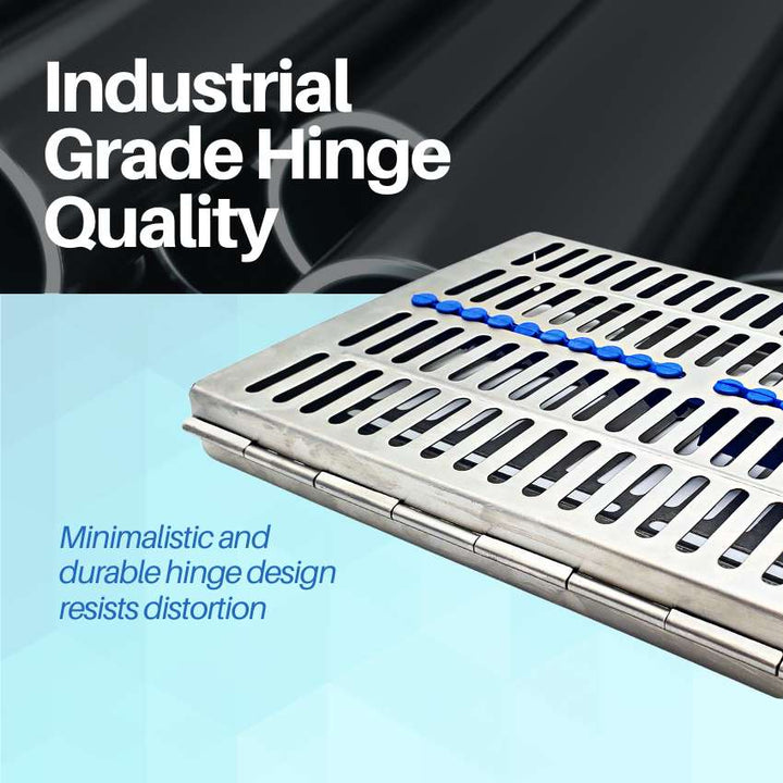 A close-up view of the industrial-grade hinge on an Artman 20-instrument cassette, showcasing its durable construction.