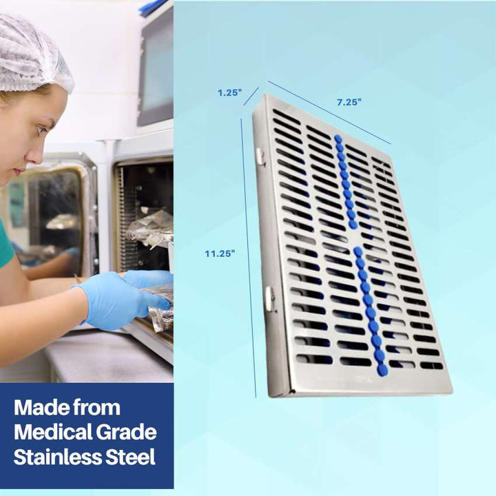 An Artman sterilization cassette for 20 instruments, made from medical-grade steel, shown in use in a professional dental clinic.