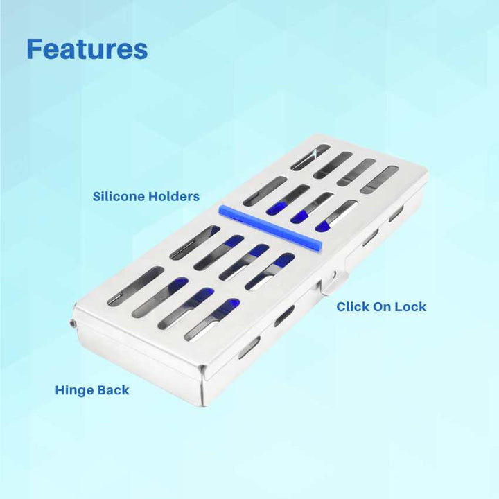 An Artman instrument cassette's features, pointing out the secure silicone instrument racks and the simple click-to-lock system.