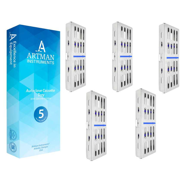 A collection of Artman instrument sterilization cassettes displayed next to the official product box.