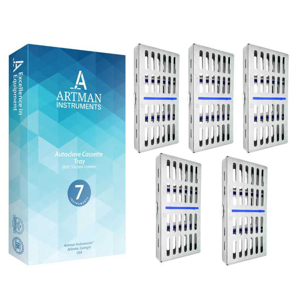 The official Artman product box shown with a collection of dental instrument sterilization cassettes.