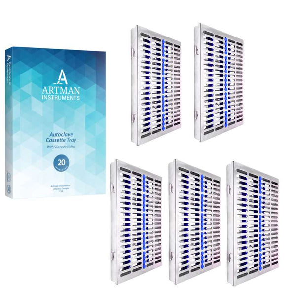 A set of four Artman instrument sterilization cassettes displayed with their official packaging.