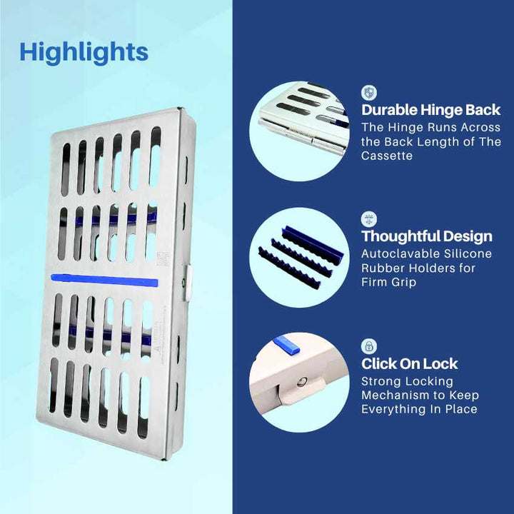 An infographic highlighting the key features of the Artman dental instrument kit, including the knurled handles, double-ended tips, and the sterilization cassette.