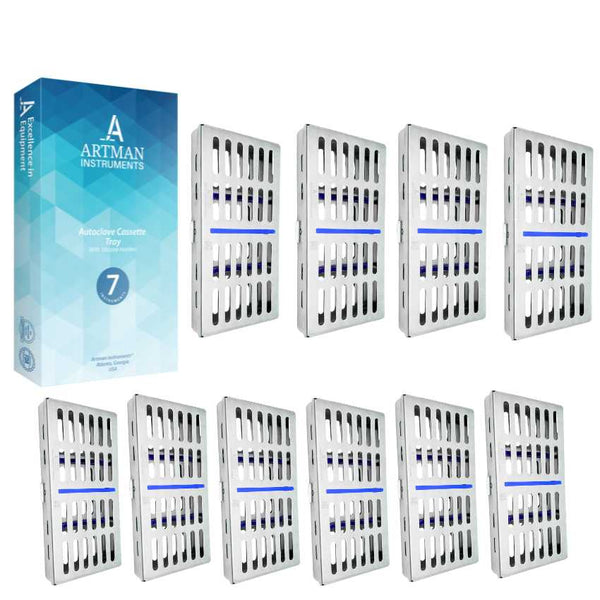 A collection of Artman dental instrument sterilization cassettes shown with the official product packaging.