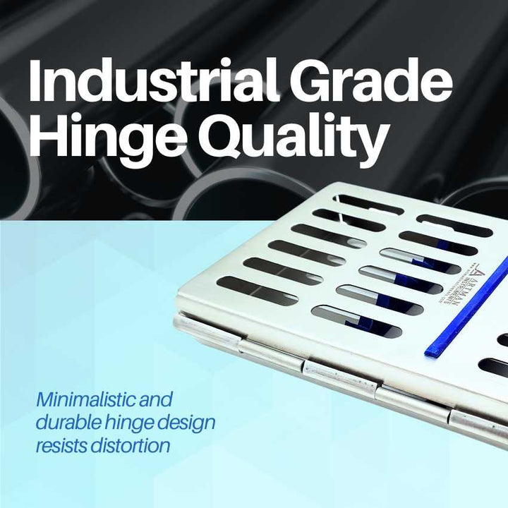 A detailed close-up of the industrial-grade hinge on an Artman instrument sterilization cassette, emphasizing its quality and long-lasting durability.