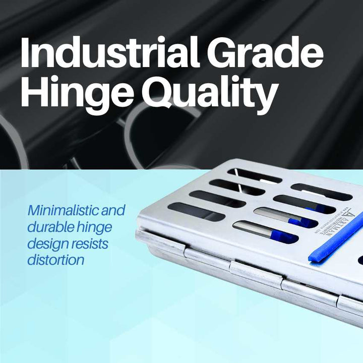 An image showcasing the industrial-grade hinge quality of the durable Artman dental instrument cassette.