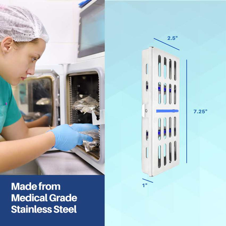 An Artman medical-grade stainless steel sterilization cassette shown next to a dental professional operating a sterilizer.