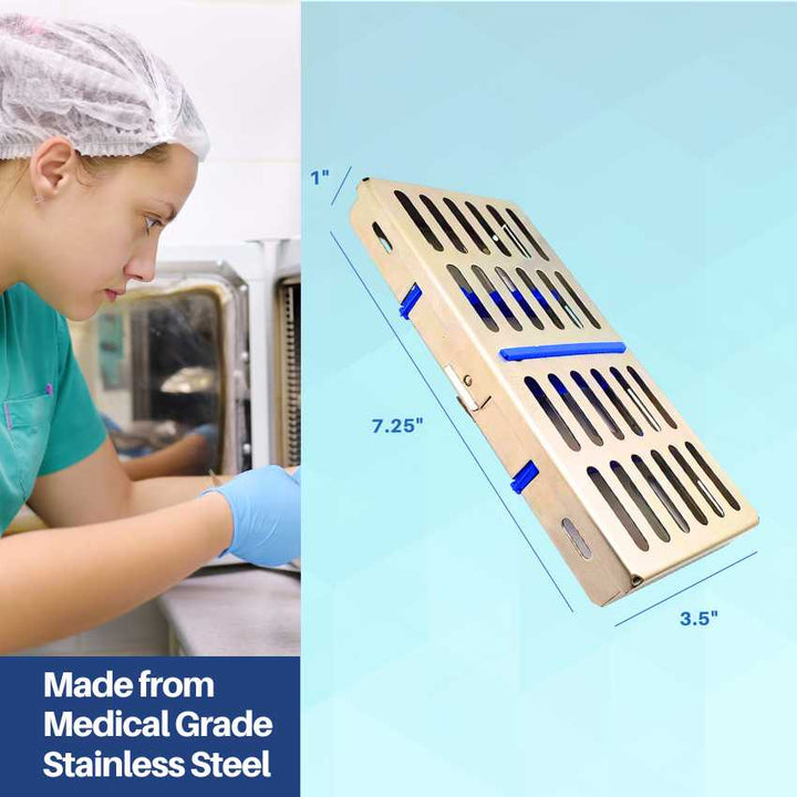 An Artman medical-grade instrument cassette with its dimensions shown, next to an image of a dental professional preparing for sterilization.