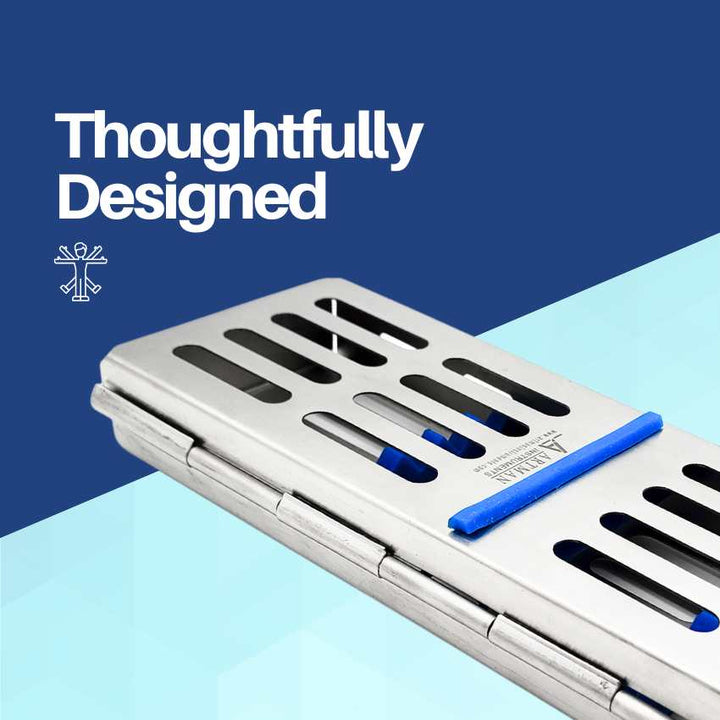 A closed, thoughtfully designed Artman sterilization cassette made from stainless steel, shown from an angled perspective.
