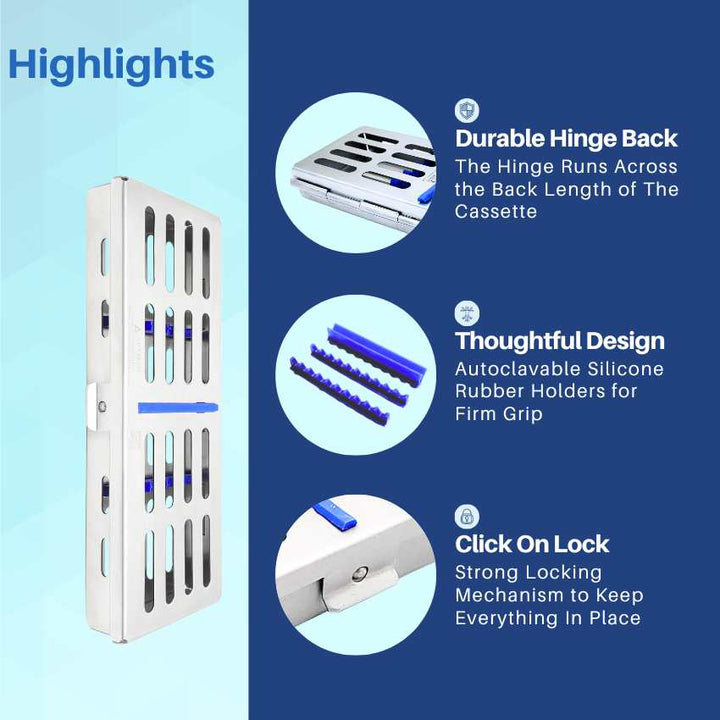 An infographic highlighting the key features of the Artman sterilization cassette, including its secure silicone racks, durable hinge, and click-to-lock mechanism.