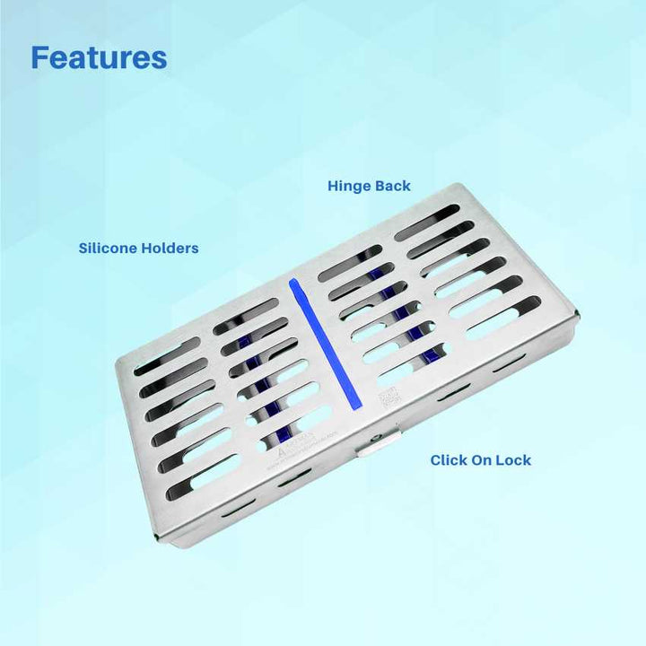 An image highlighting the features of an open Artman instrument cassette, focusing on the secure blue silicone racks and the easy-to-use locking mechanism.
