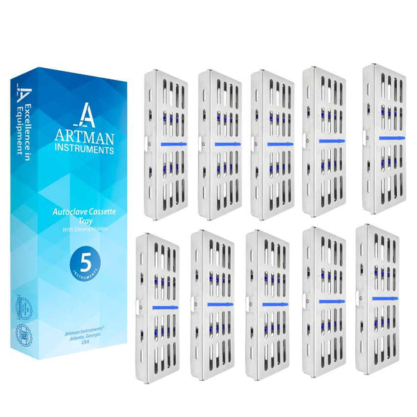 Multiple Artman instrument sterilization cassettes shown with the branded product packaging for dental clinics.