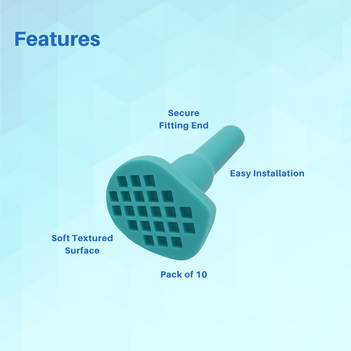 A diagram showing the features of a teal dental crown remover pad, with labels pointing to its non-slip texture, medical-grade silicone, and autoclavable design.