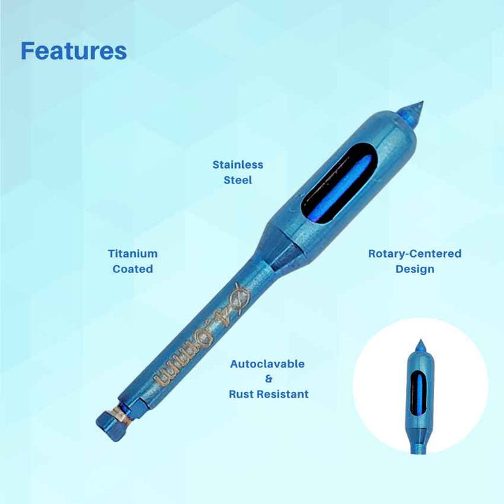 A features diagram of a blue dental composite instrument, with callouts pointing to the non-stick tip and comfortable grip.