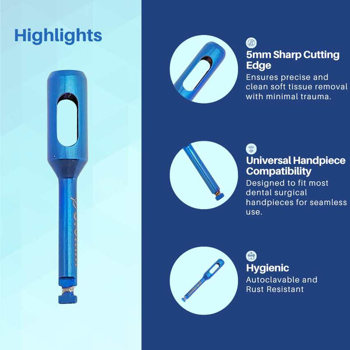 An infographic highlighting the key features of a blue dental instrument, including its ergonomic handle and specialized tip.