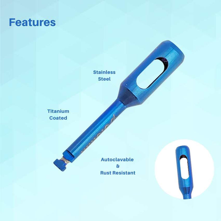 A features diagram of a blue dental instrument with a magnified view of its working tip for detailed examination.