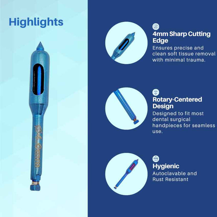 An infographic highlighting the key features of a blue dental instrument, detailing its ergonomic handle, tip design, and materials.