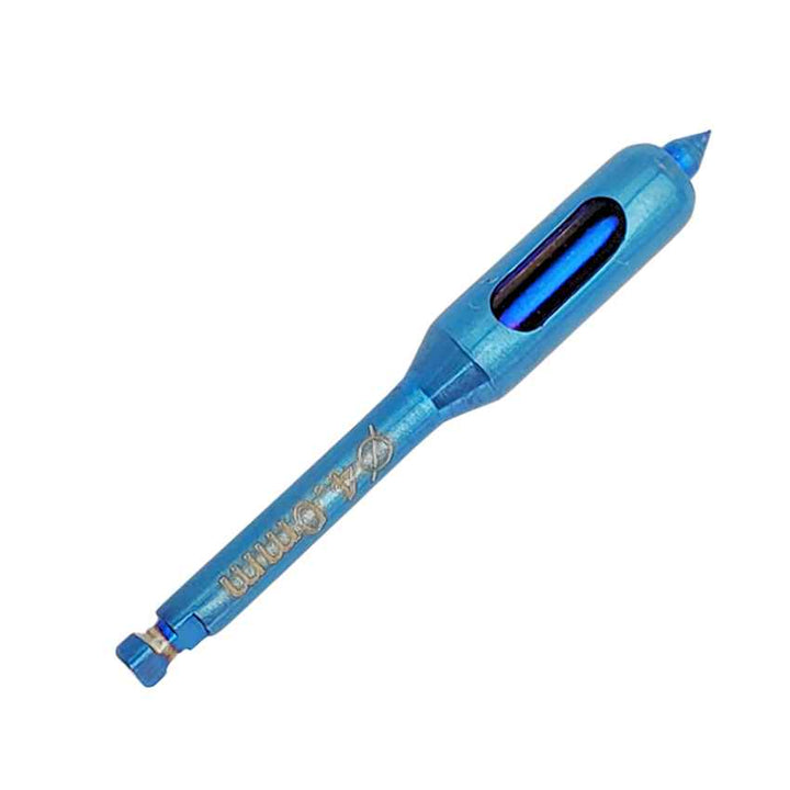 A single blue, ergonomic dental composite instrument with a titanium-coated tip, shown on a clean white background.