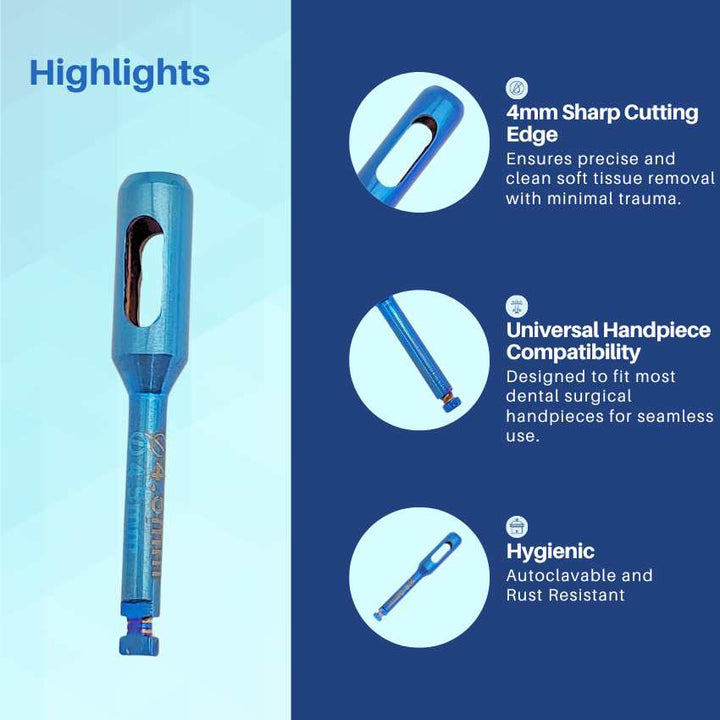 A highlights infographic for a blue ergonomic dental tool, pointing out its grip design, material, and tip functionality.