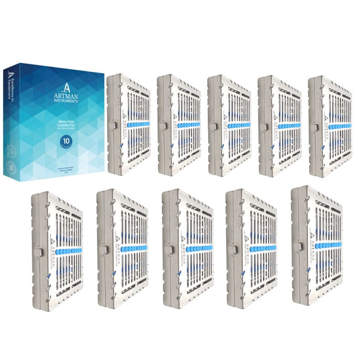 A complete set of ten dental instrument sterilization cassettes with their packaging from Artman Instruments.