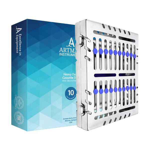 A closed dental instrument sterilization and storage cassette standing upright against a modern blue background.