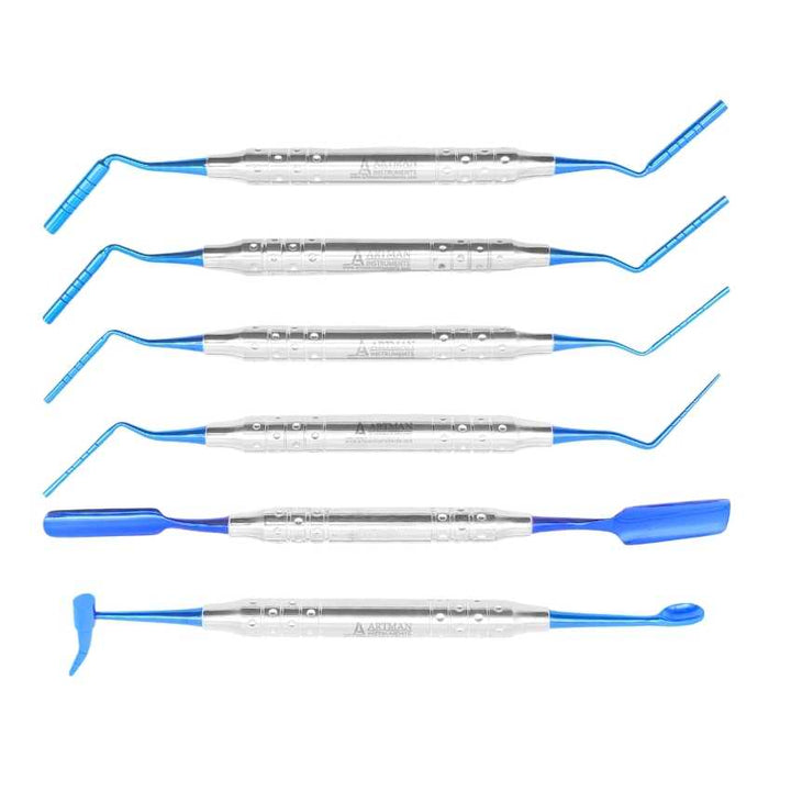 An image showing a complete set of seven professional dental composite instruments with blue tips and silver textured handles, neatly arranged in a row.