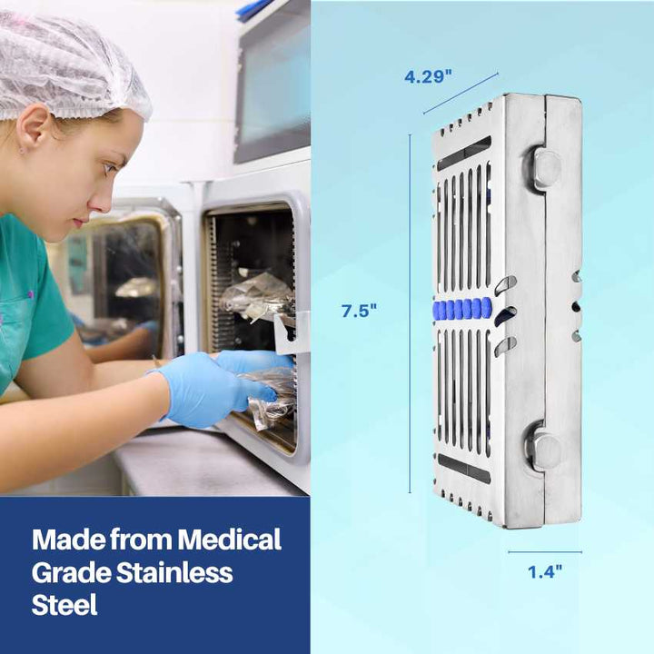 Dental assistant placing a medical-grade stainless steel instrument cassette from Artman Instruments into an autoclave for sterilization.