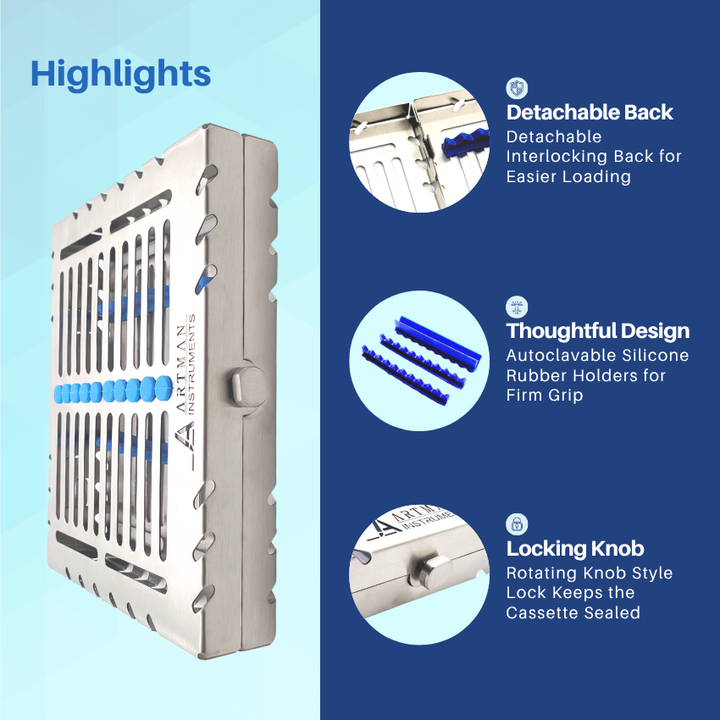 An infographic highlighting the features of a dental autoclave cassette, including its secure lock, silicone rails, and durable construction.