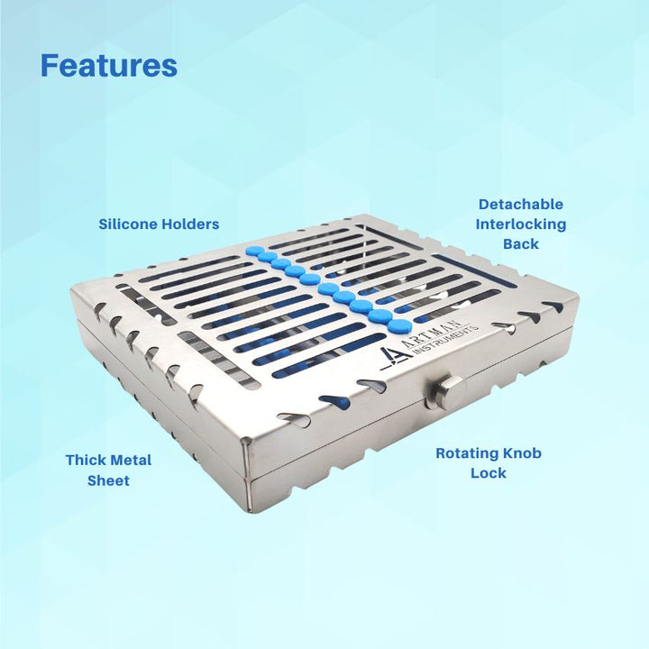 Features of the Artman dental instrument cassette, including blue silicone holders, a moving lock, drain holes, and a detachable cover.