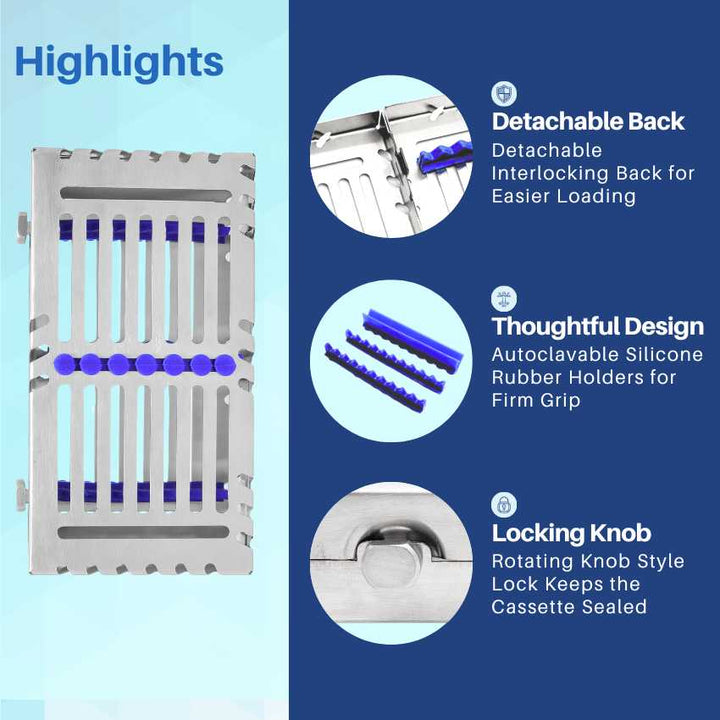 Highlights of the Artman dental cassette, including the detachable rack, thoughtful design with rubber runners, and a locking knob.
