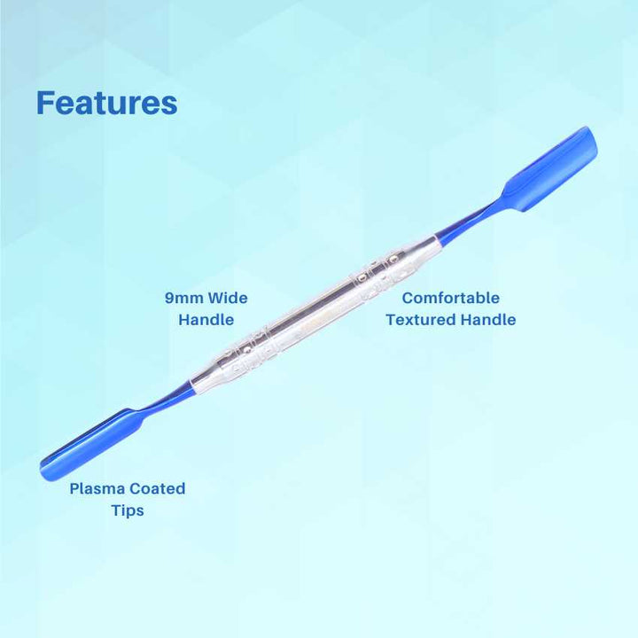 A dental restorative tool with a silver textured handle and flat, blue plasma-coated tips at both ends, shown on a light blue background with its features labeled.