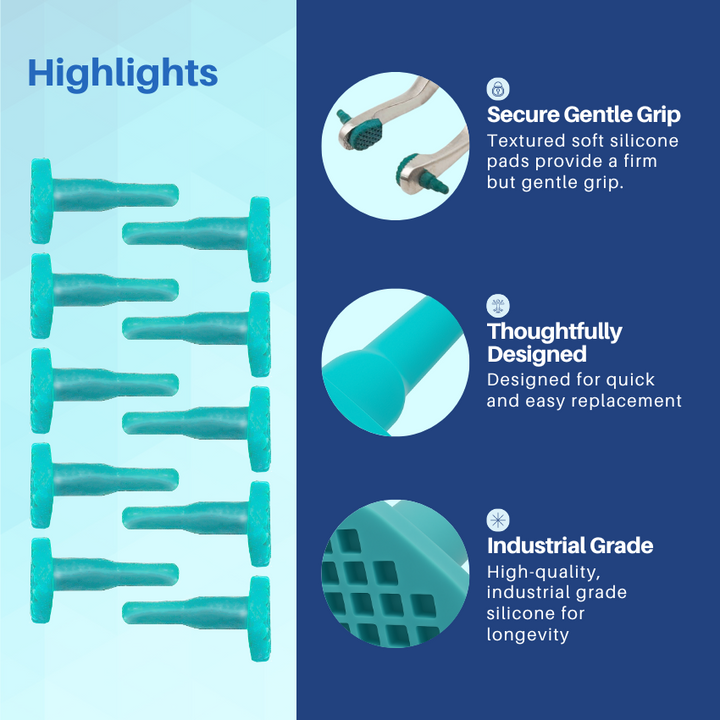 An infographic detailing the features of a teal silicone dental crown remover pad, including its secure grip, autoclavable material, and non-slip texture.