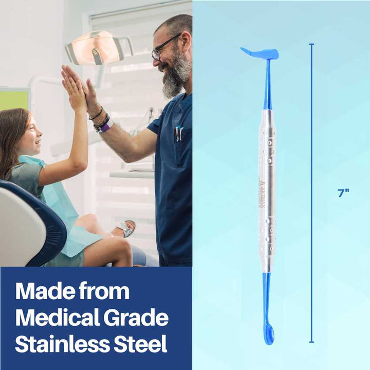 A professional dental examination mirror and tool, with a patient in the background to show clinical application.
