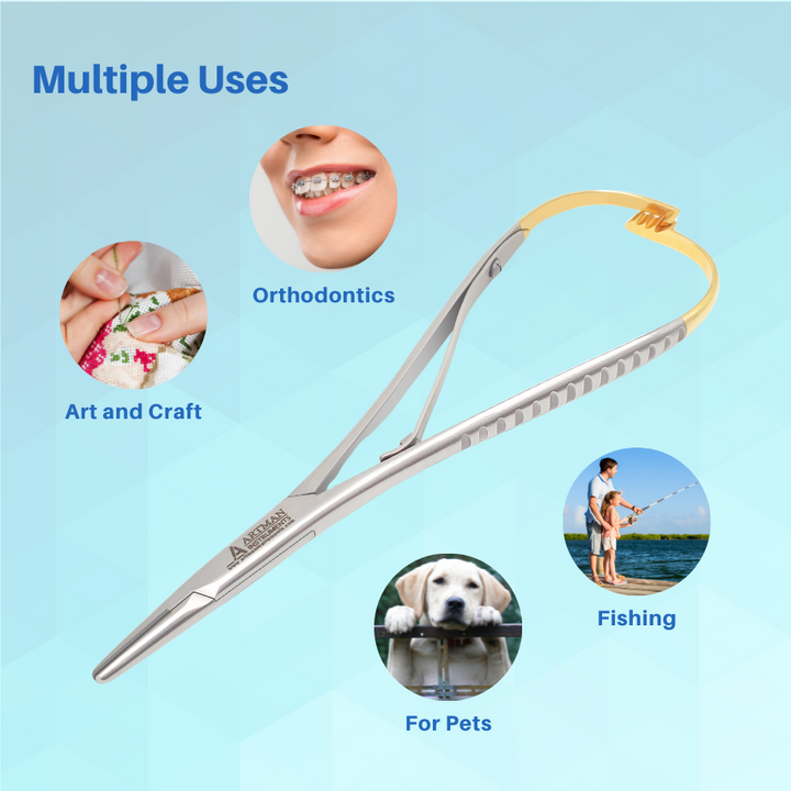 An infographic showing the features and uses of a dental hemostat with gold-tipped curved jaws.