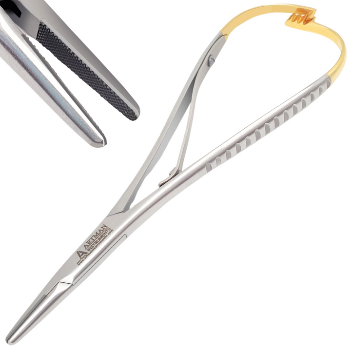A pair of surgical dental hemostat forceps with a protective cap, shown on a clean white background.